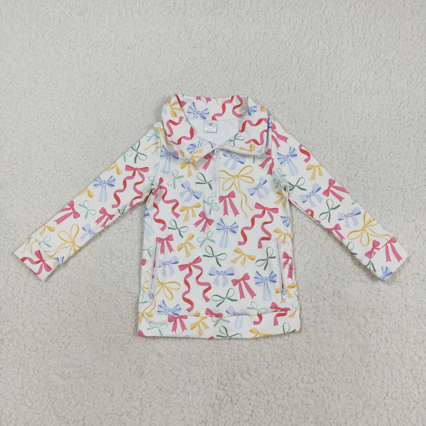 RTS NO MOQ（In Stock) GT1065 Beige long-sleeved yoga top with a colorful bow pattern