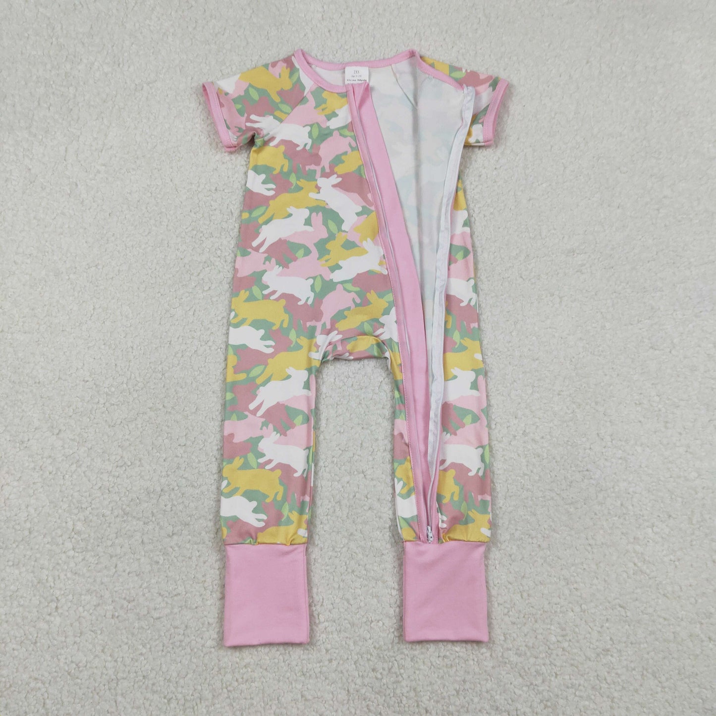 RTS NO MOQ（In Stock ) SR3715 Rabbit Camouflage Pink Zipper Short-Sleeve Jumpsuit