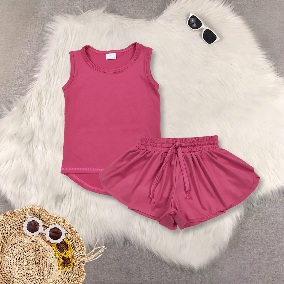 RTS NO MOQ Sibling baby girls clothes yoga solid color short sleeve Clothes Sets