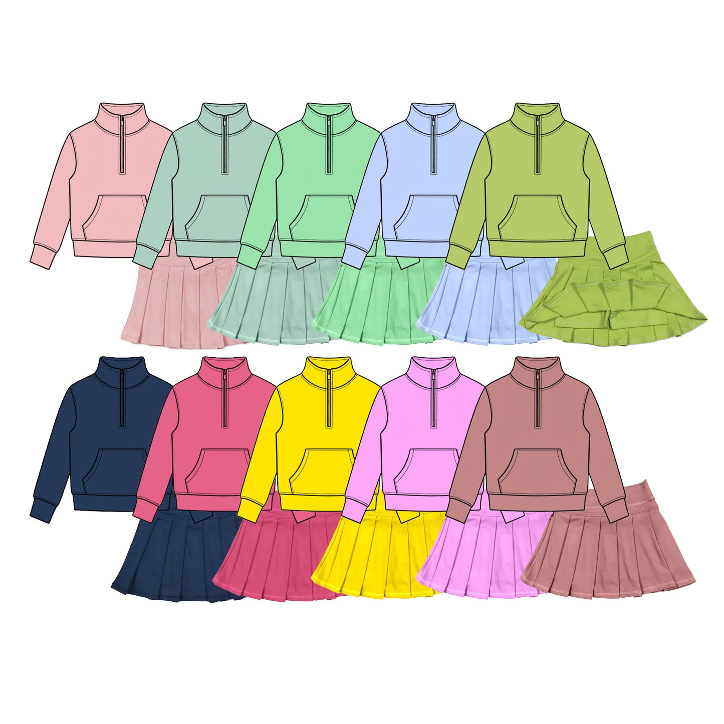 (Preorder new) No moq Baby Girls Zip Pocket Pullover Pleated Skort Yoga Active Matching Set