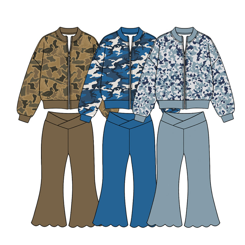 (Preorder new) No moq Yoga Toddler Girls Camo Print Full Zip Jacket Fall Kids Long Sleeve Top