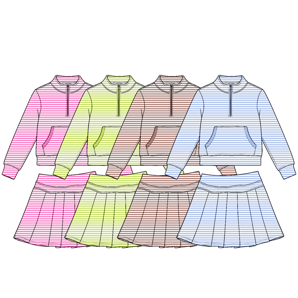 (Preorder new) No moq Yoga Toddler Girls Stripe Zip Front Pocket Long Sleeve Pullover Top Pleated Skirt Yoga Active Outfit Set