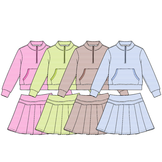 (Preorder new) No moq Yoga Toddler Girls Stripe Zip Front Pocket Long Sleeve Pullover Top Pleated Skirt Yoga Active Outfit Set