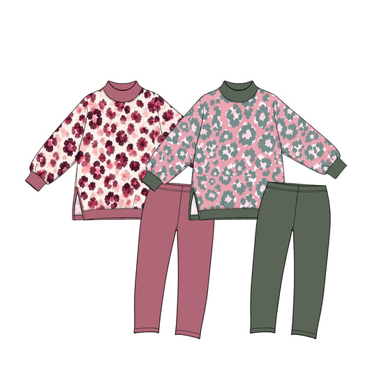 (Preorder new) No moq yoga fabric Baby Girls Leopard  Print Long Sleeve Side Slit Pullover Yoga Top