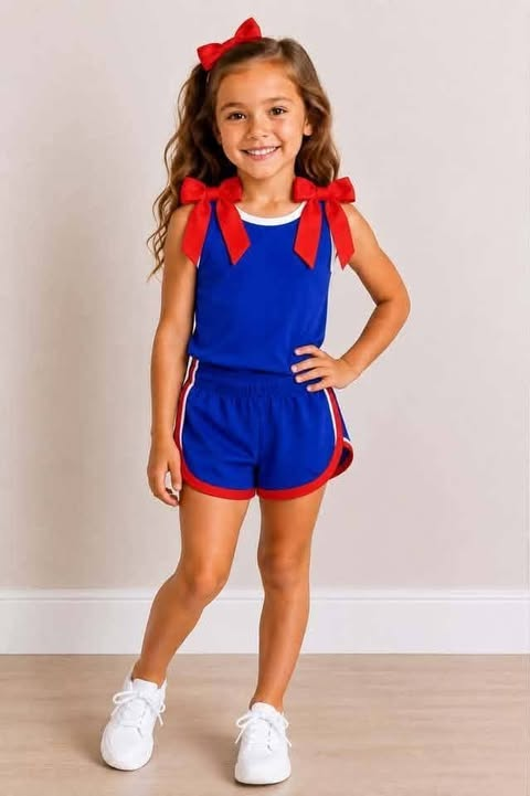 custom moq 5 mix size Baby Girls Blue Red Trim Bow Strap Sleeveless Tank Top And Shorts Two Piece Summer Outfit Set