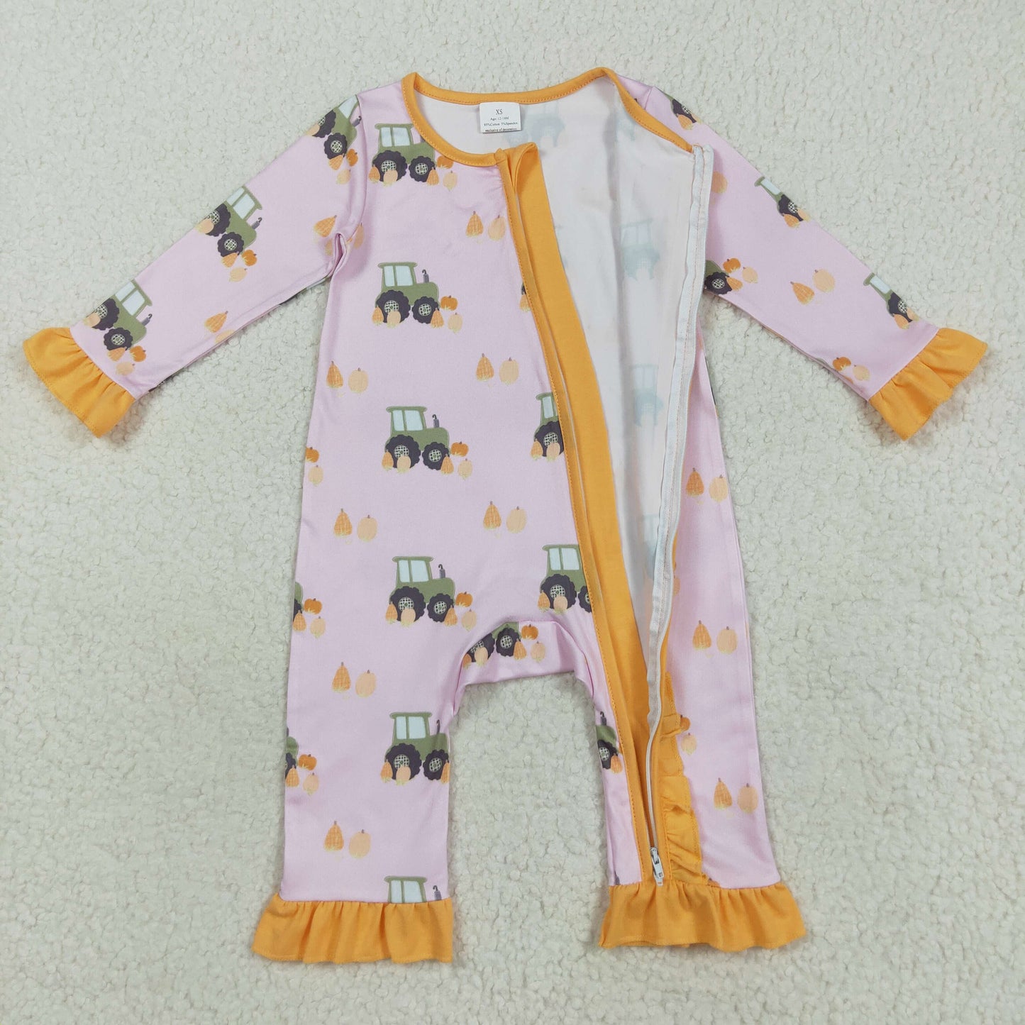 RTS NO MOQ（In Stock) LR2336 Tractor Pumpkin Orange and Pink Zippered Long-Sleeved Bodysuit