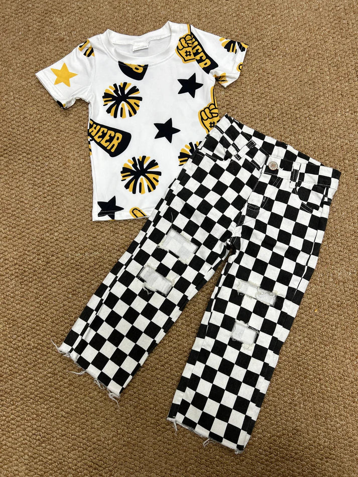 RTS NO MOQ Kids' Cheer Black Shirt, Checkered Denim Pants, Clothes Sets