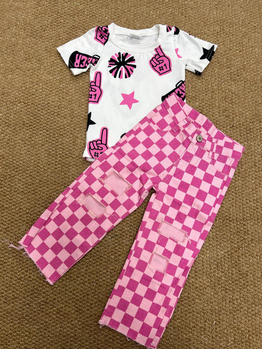 RTS NO MOQ Baby Girls' Cheer Pink Shirt, Checkered Denim Pants, Clothes Sets