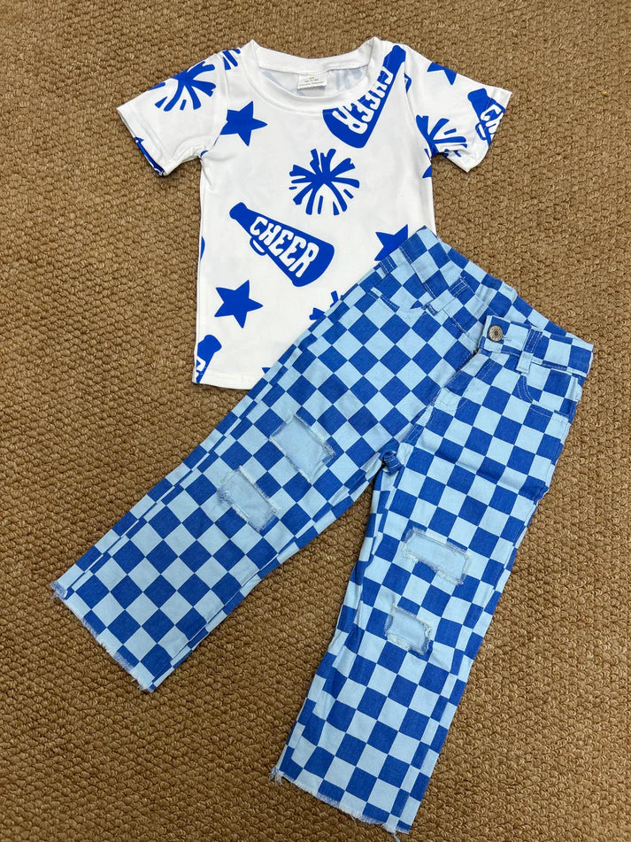 RTS NO MOQ Baby Kids Checkered Denim Pants And Blue Shirt Cheer Clothes Set for Toddlers Boys Girls