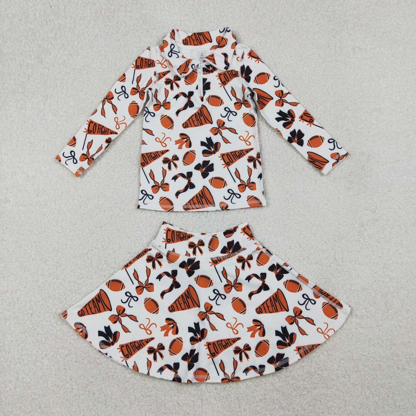 RTS NO MOQ（In Stock) GT1197+GLK0140 Football orange flared bow pattern zippered yoga long-sleeved top skirt sets