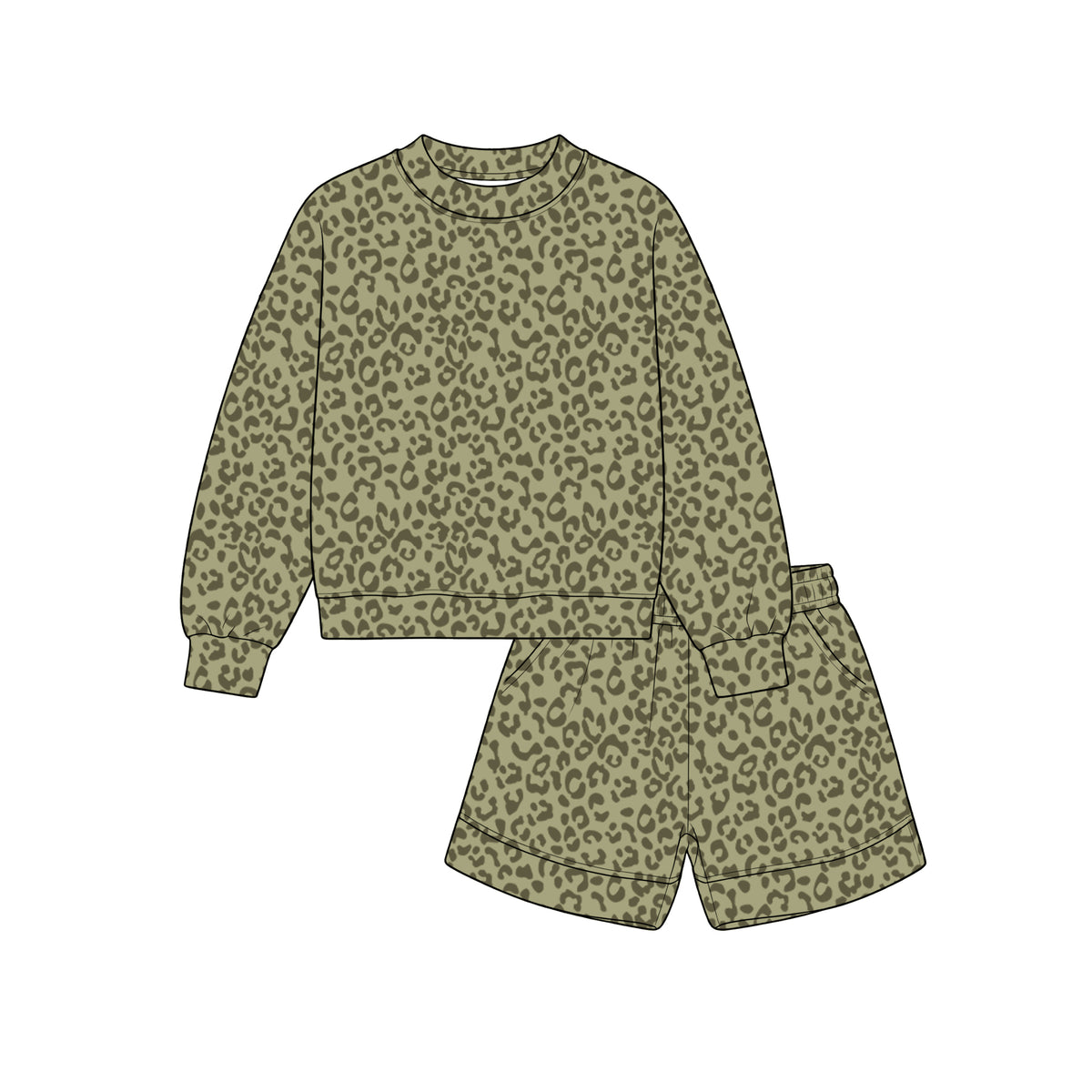 custom moq 5 mix size Ralyn0101 Adult Leopard Print Crew Neck Long Sleeve Top And Matching Shorts Fall Clothes Set