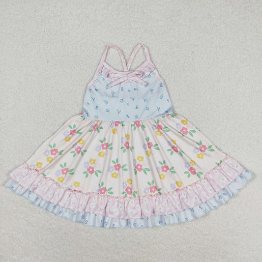 RTS no moq GSD0882 Floral pink blue lace beige sleeveless dress