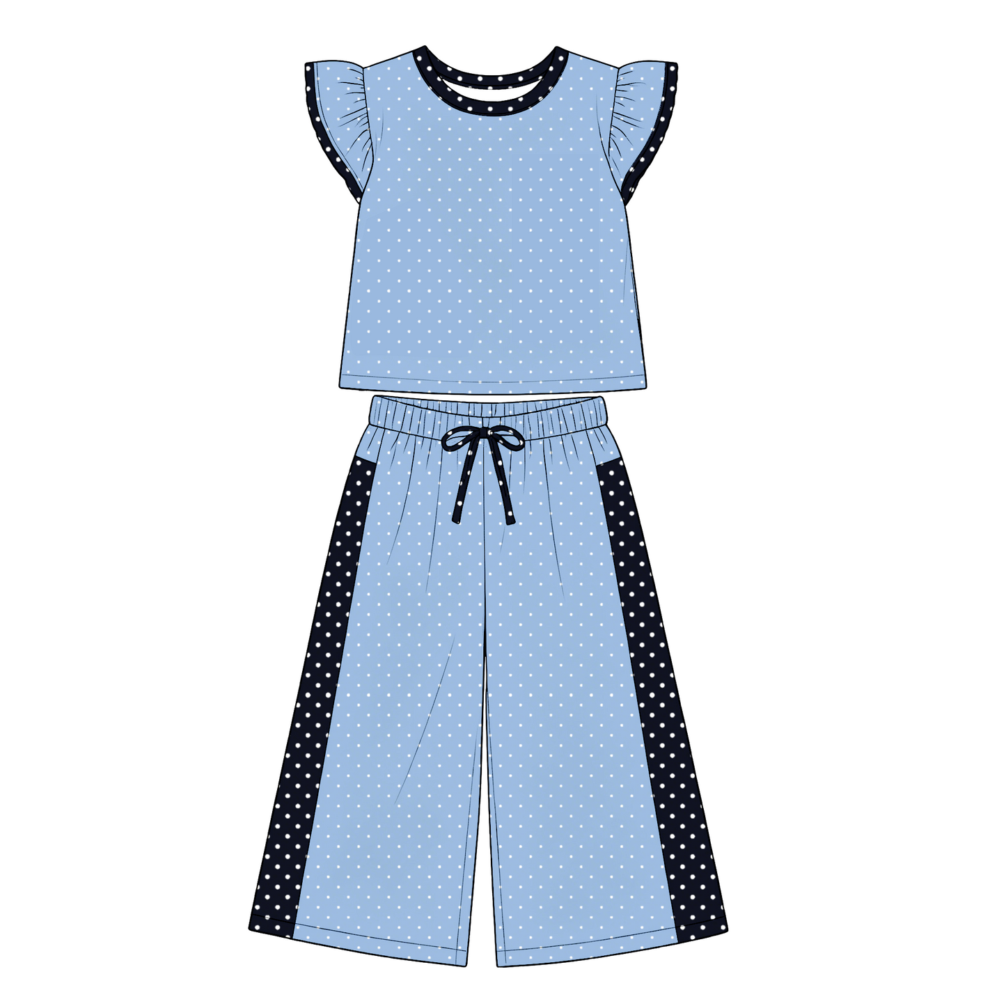 custom moq 5 mix size LHGNDN0101 Baby Girls Cute Polka Dot Print Flutter Sleeve Top Bell Bottom Flare Pants Team Set