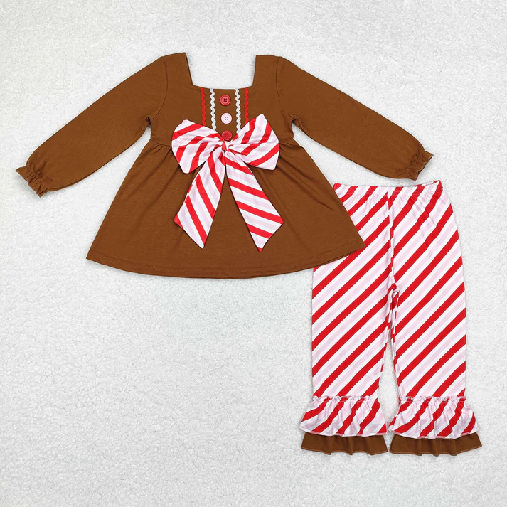 RTS NO MOQ Baby Girls Brown Gingerbread Bow Dresses Clothes Sets