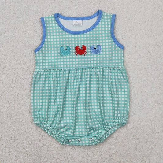RTS NO MOQ ETA 5/7days arrived SR2660 Boys Embroidered Crab Green Plaid Vest Bodysuit