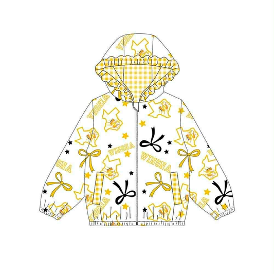 Custom moq 5 mix size milk silk summer teams baby girls clothes lace bow yellow hooded long sleeve top-25.9.6