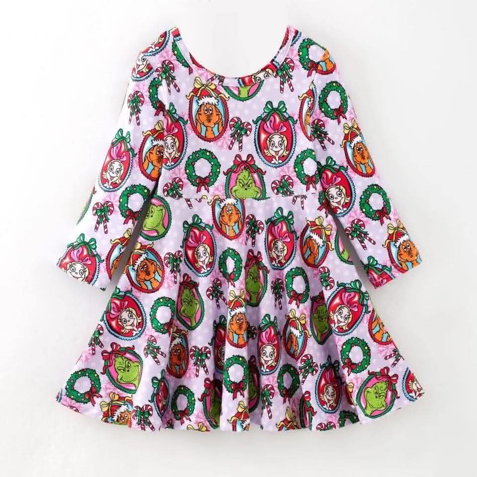 custom moq 5 mix size KABT05  Baby Girls Christmas Long Sleeved Dress