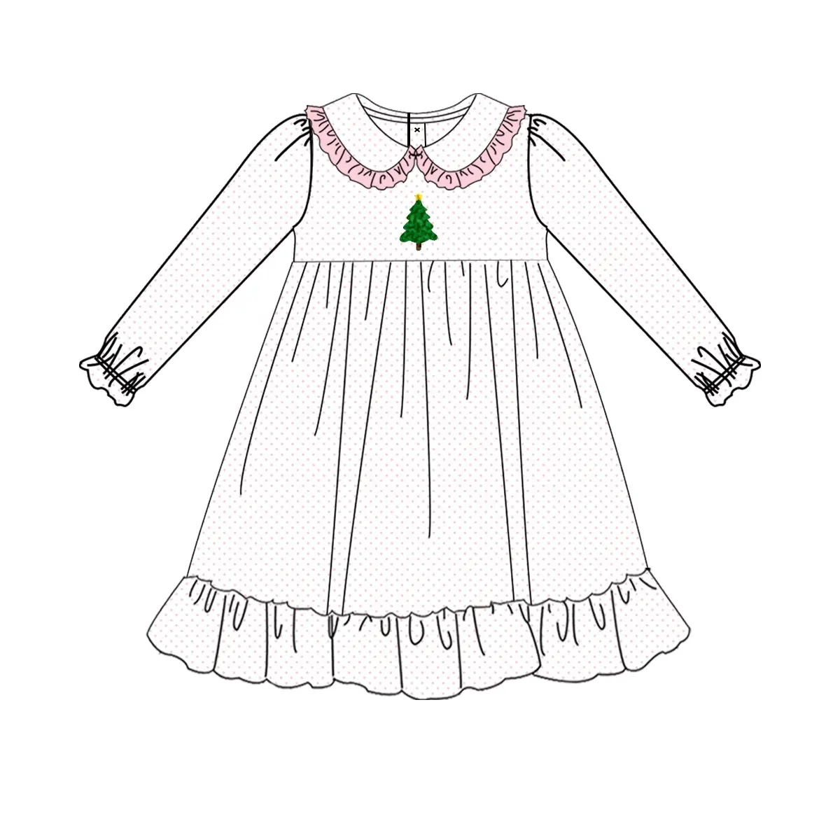 Custom moq 3 eta 7/8week moq 5 eta /4/5week  White long-sleeved dress with embroidered Christmas tree and ruffled baby collar
