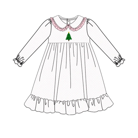 Custom moq 3 eta 7/8week moq 5 eta /4/5week  White long-sleeved dress with embroidered Christmas tree and ruffled baby collar