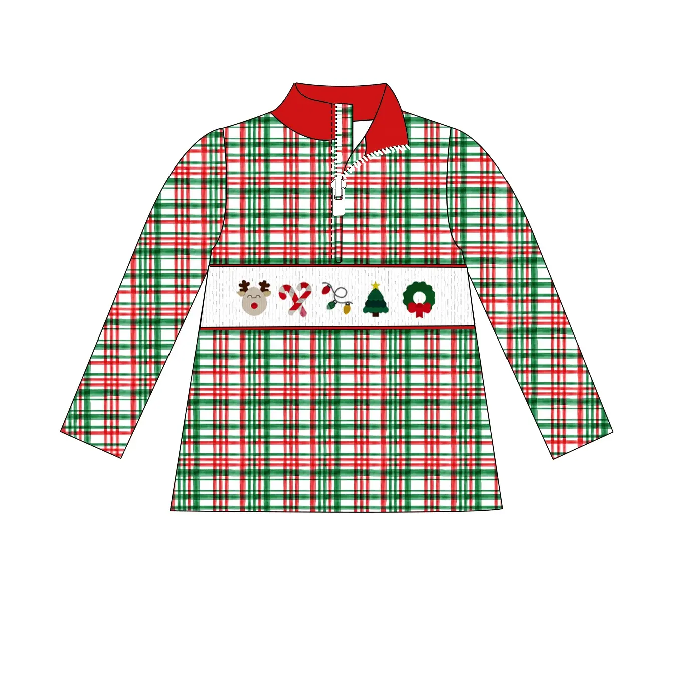 Custom moq 3 eta 7/8week moq 5 eta /4/5week  Red and green irregular line plaid zipper pullover top