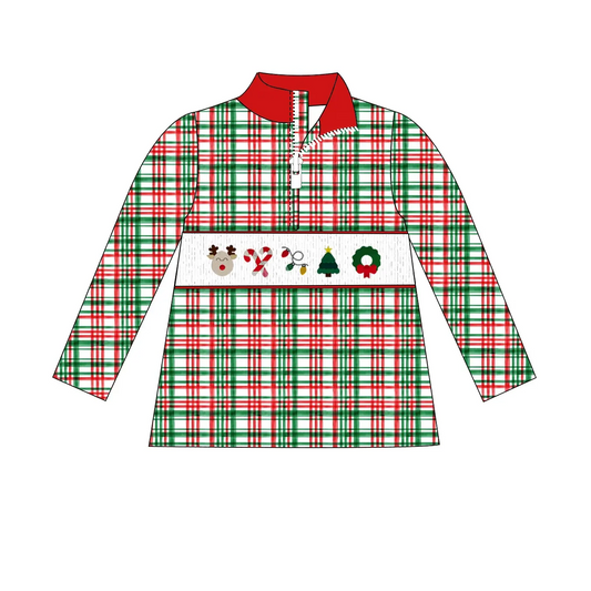 Custom moq 3 eta 7/8week moq 5 eta /4/5week  Red and green irregular line plaid zipper pullover top
