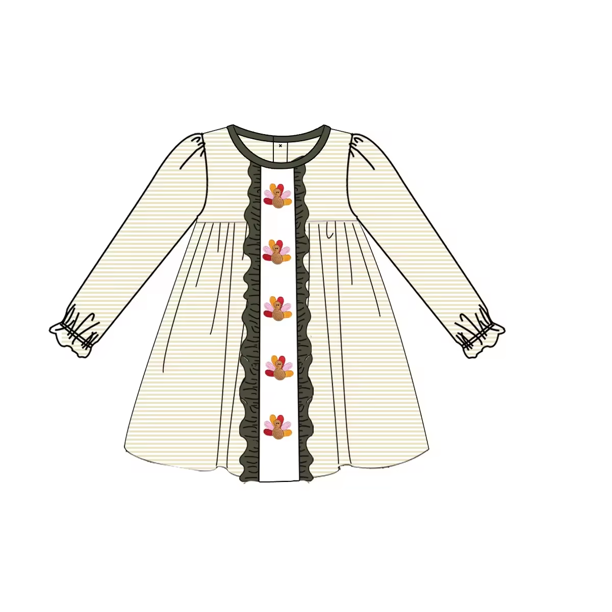 Custom moq 3 eta 6-8weeks Beige striped long-sleeved dress with embroidered turkey and ruffles