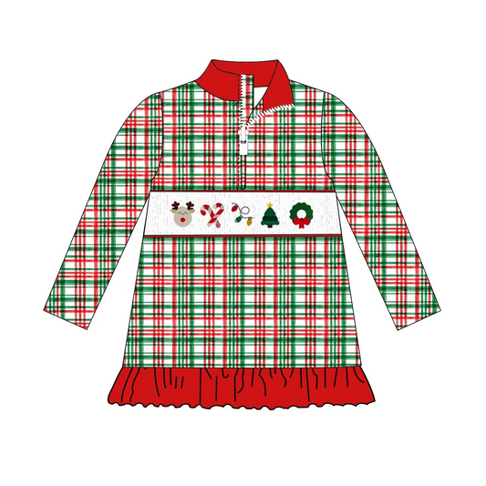 Custom moq 3 eta 7/8week moq 5 eta /4/5week  Red and green irregular lines plaid ruffle skirt zipper pullover long sleeve dress