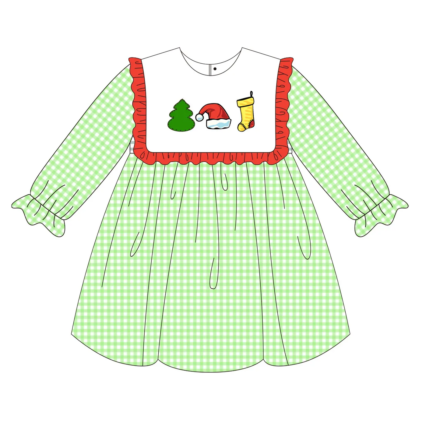 Custom moq 3 eta 7/8week moq 5 eta /4/5week Red ruffled square neck green plaid long sleeve dress