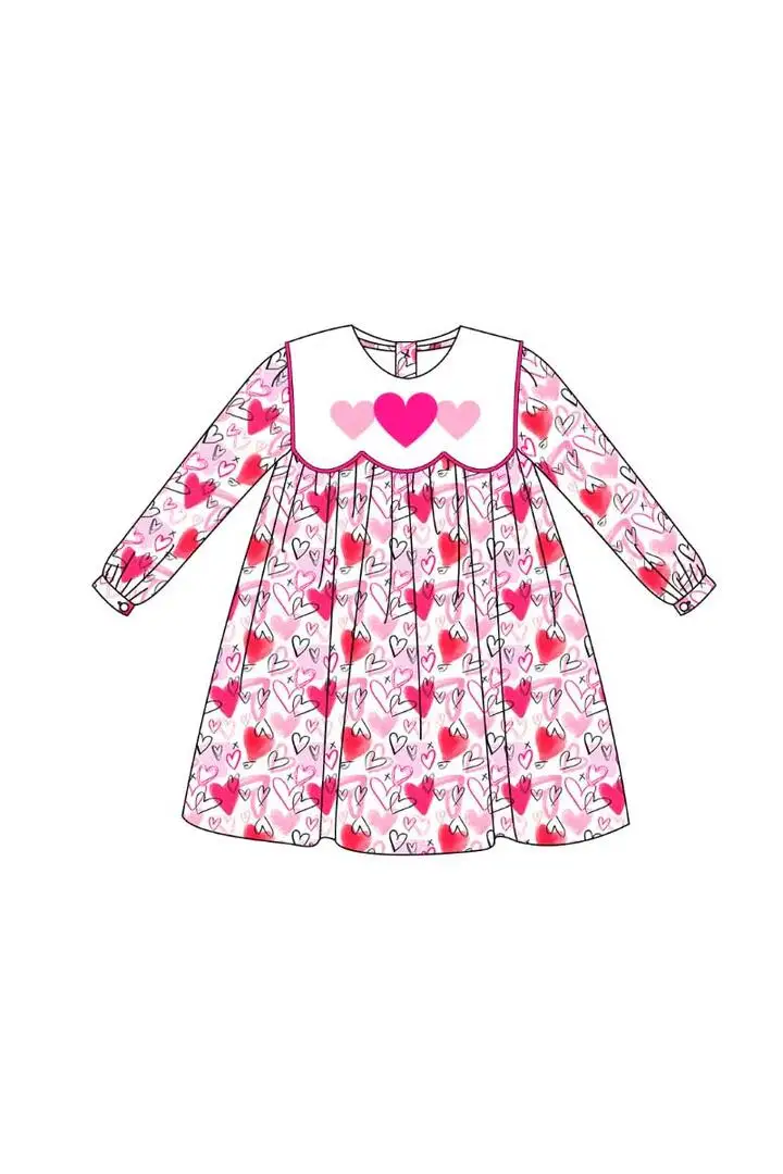 Custom moq 3 eta 7/8week moq 5 eta /4/5week  Pink Hand-Painted Heart Petal Neck Long Sleeve Dress