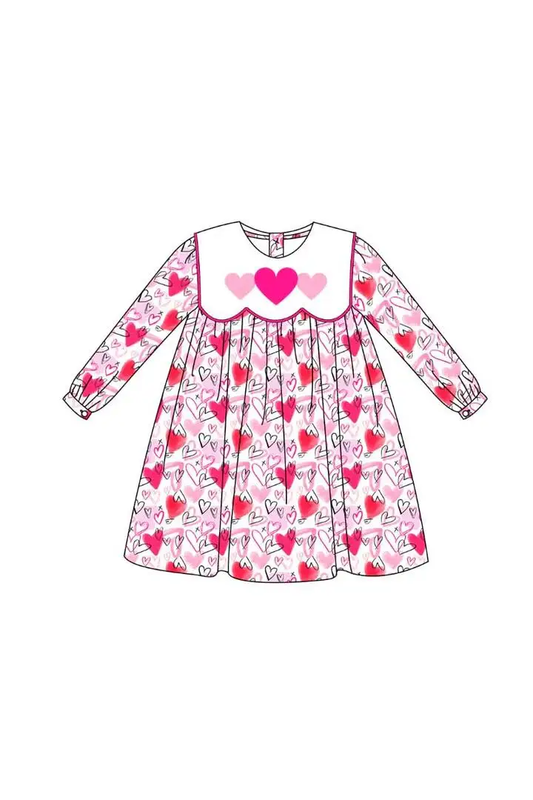 Custom moq 3 eta 7/8week moq 5 eta /4/5week  Pink Hand-Painted Heart Petal Neck Long Sleeve Dress