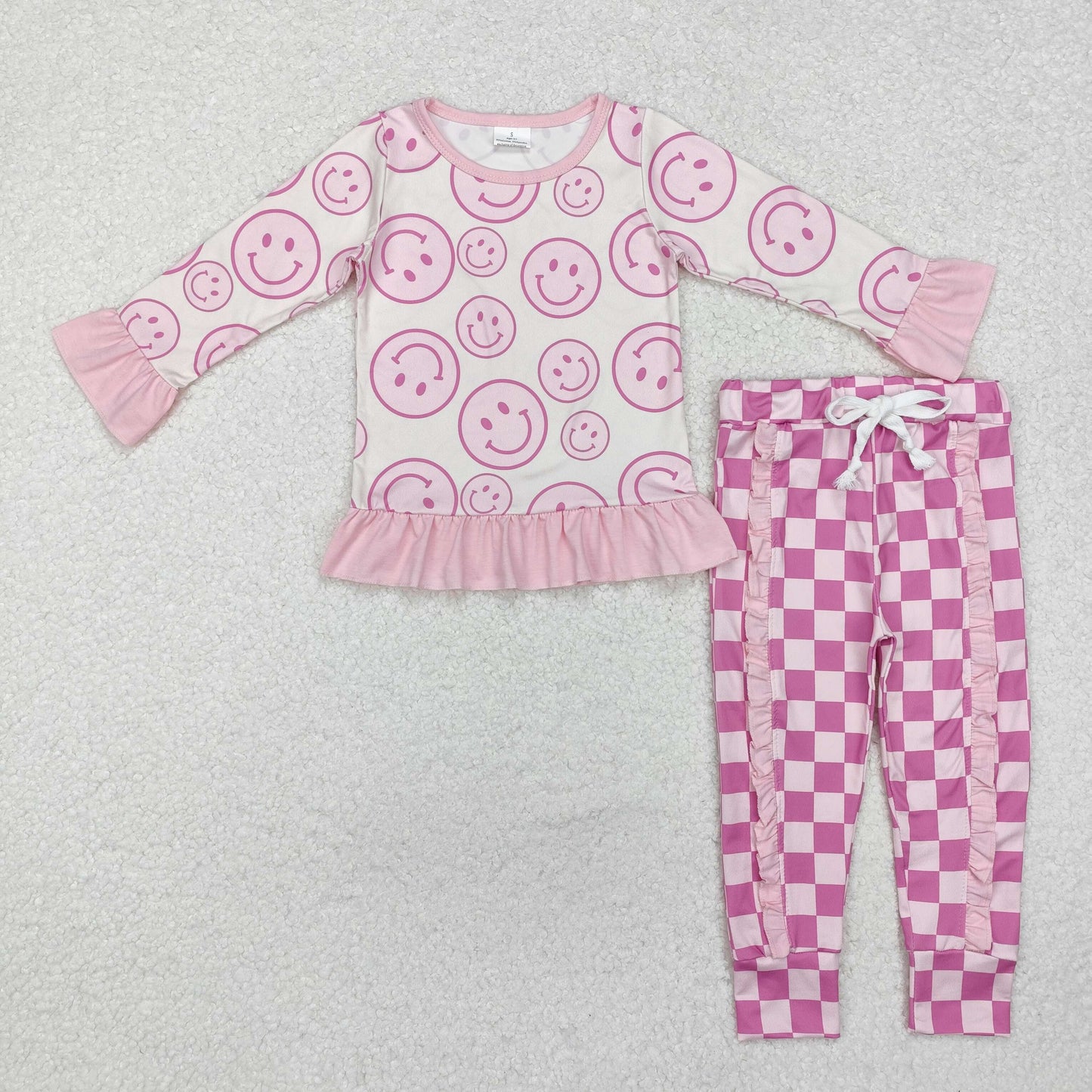 RTS NO MOQ（In Stock) Smiley face beige long-sleeved plaid trousers suit