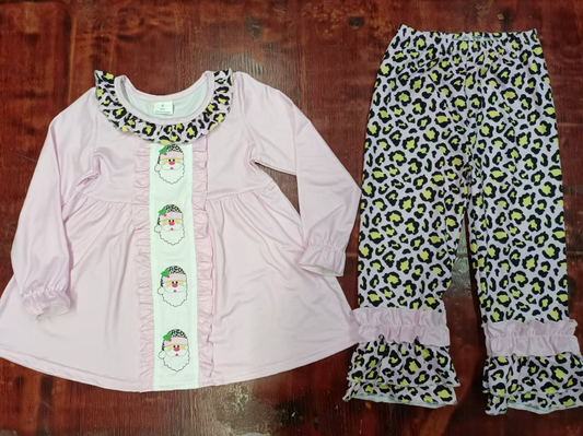 Custom moq 3 eta 6-7weeks  Light Pink Santa Claus Print Top and Leopard Print Pants Set