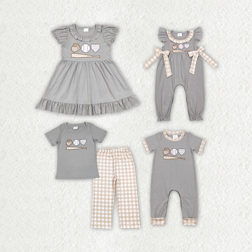RTS NO MOQ Girls Boys embroidery baseballl Clothes Sets and dress and romper