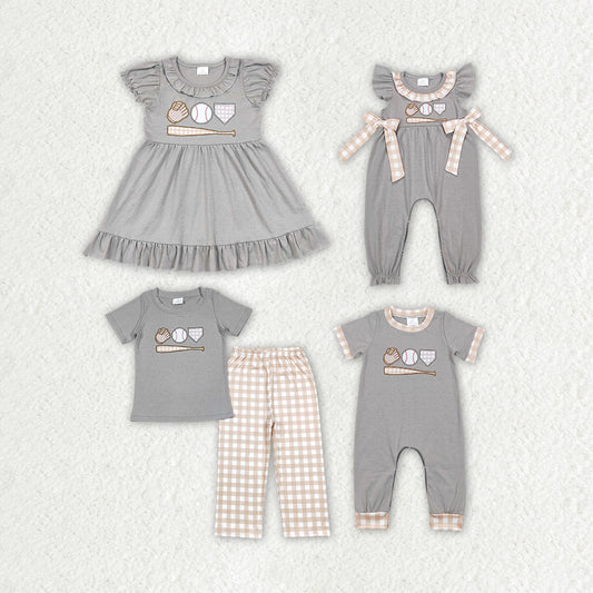 RTS NO MOQ Girls Boys embroidery baseballl Clothes Sets and dress and romper