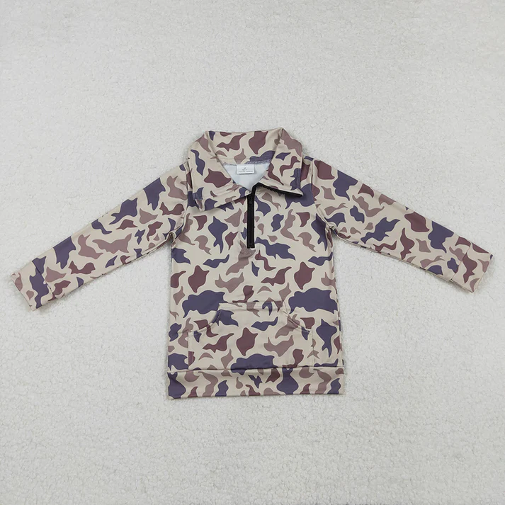 RTS NO MOQ Adults women and Baby Girls Khaki Camouflage Zipper Stand Collar Pullover Long Sleeve Top