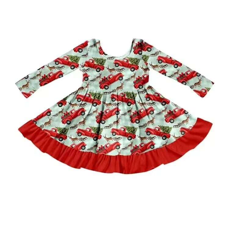 Deadline October 24 custom no moq  eta 6-7weeks Red Truck Pattern Mint Green Long Sleeve Dress