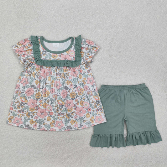 RTS NO MOQ ETA 5/7days Arrived GSSO1607 Flower and leaf green lace short-sleeved shorts set