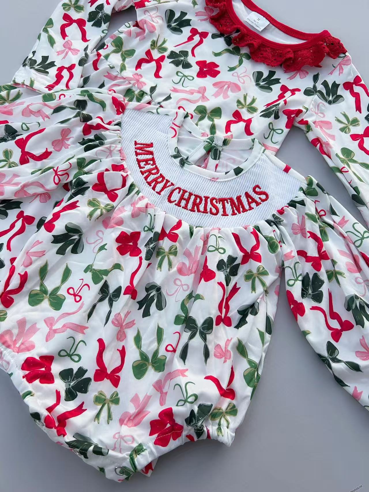 RTS Sibling baby girls clothes smocked embroidery Christmas long Sleeve dress and rompers