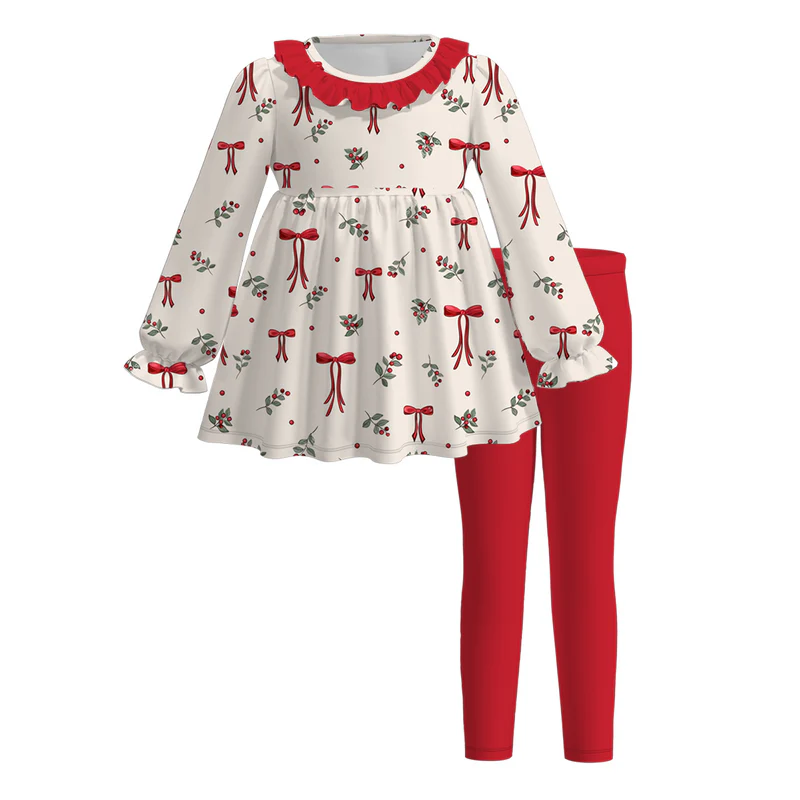 Custom moq 5 each style eta 6-7weeks baby girl bow long sleeve pants set 1 and pants set 2 and dress and romper 1 and romper 2 and adult dress