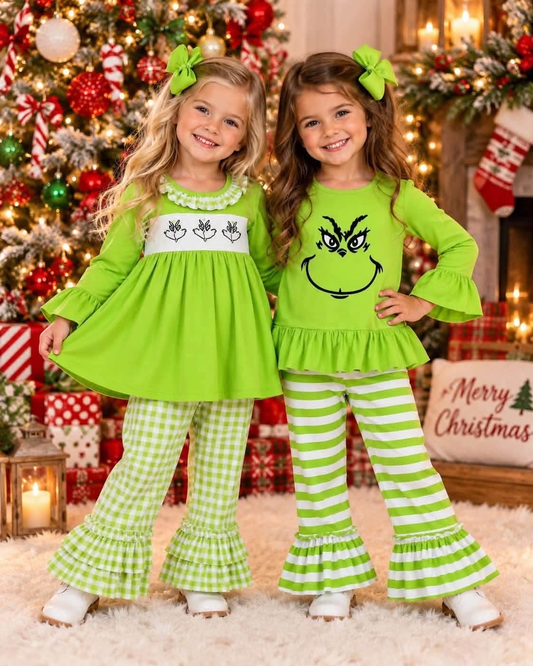 RTS NO MOQ sibling baby girls clothes Christmas green long sleeve Clothes Sets