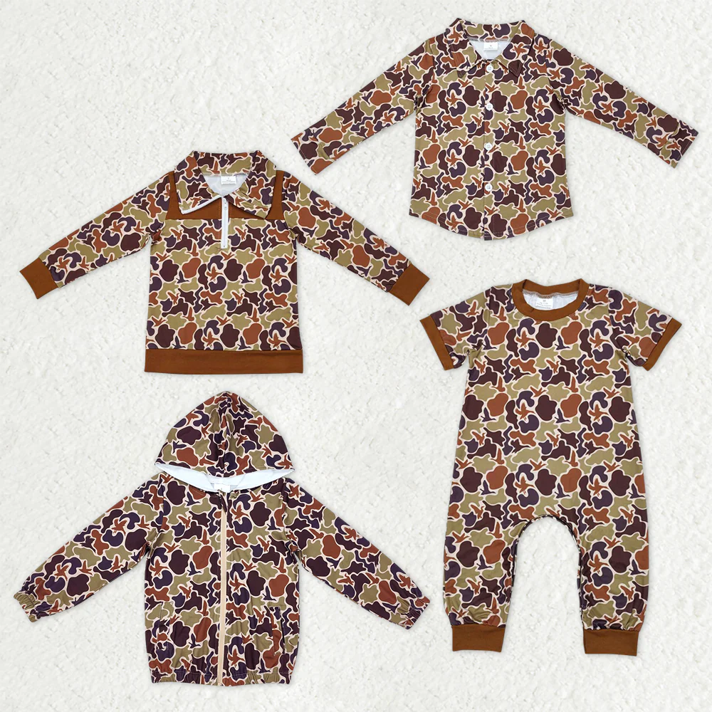 RTS NO MOQ Sibling baby boy girl clothes camouflage hooded long sleeve tops 3 and romper