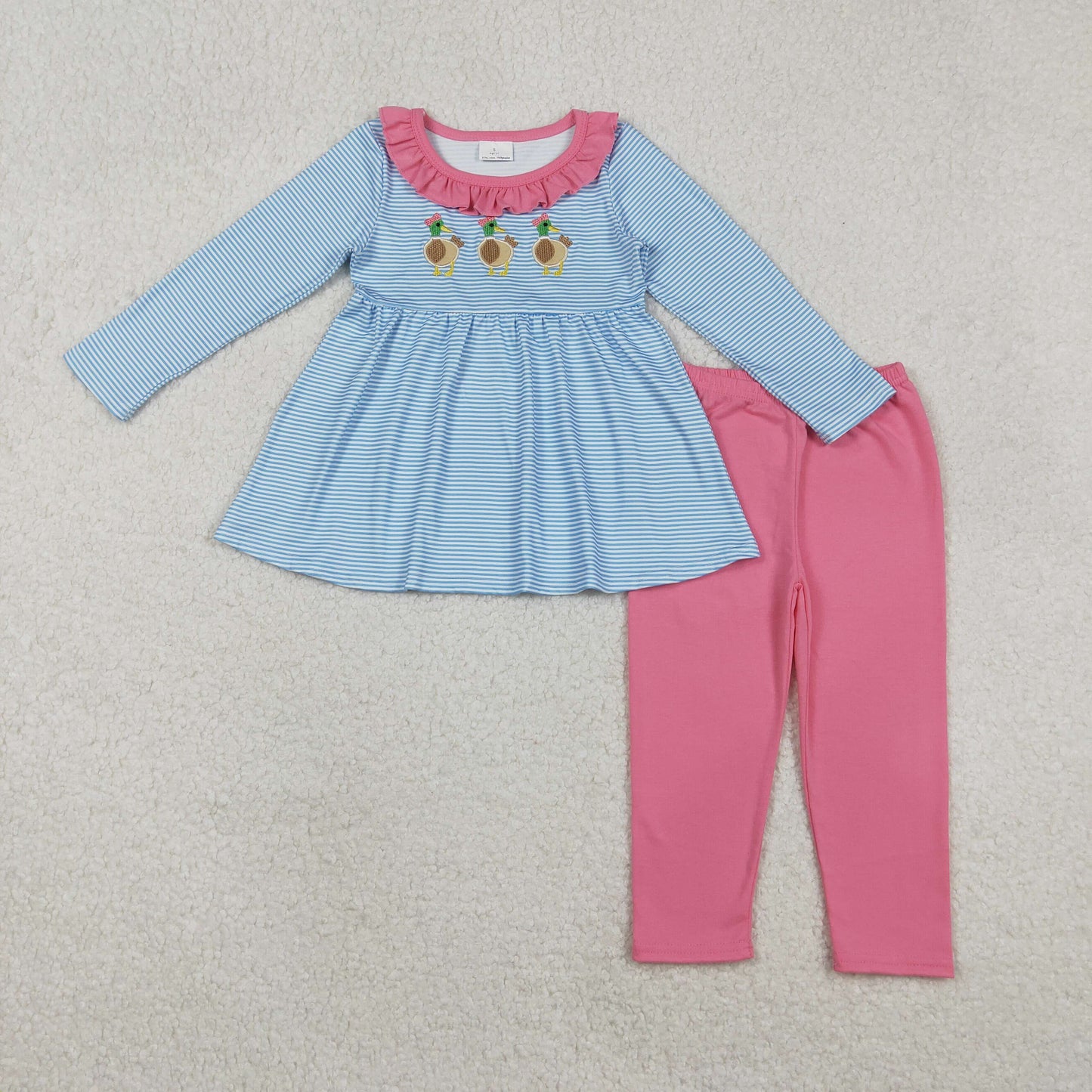 RTS NO MOQ（In Stock) GLP2923 Embroidered Duck Blue Striped Rose Red Lace Long-Sleeved Pants Set
