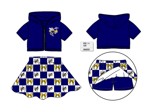 Custom moq 3 or 5 mix size milk silk summer teams baby girl clothes bow blue zipper hooded short sleeve shorts skirts sets