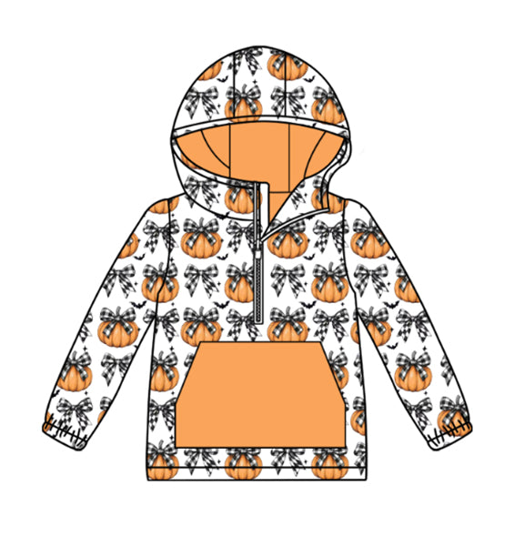 Custom moq 5 mix size milk silk summer baby boy clothes pumpkin bow orange hooded long sleeve top-25.8.25