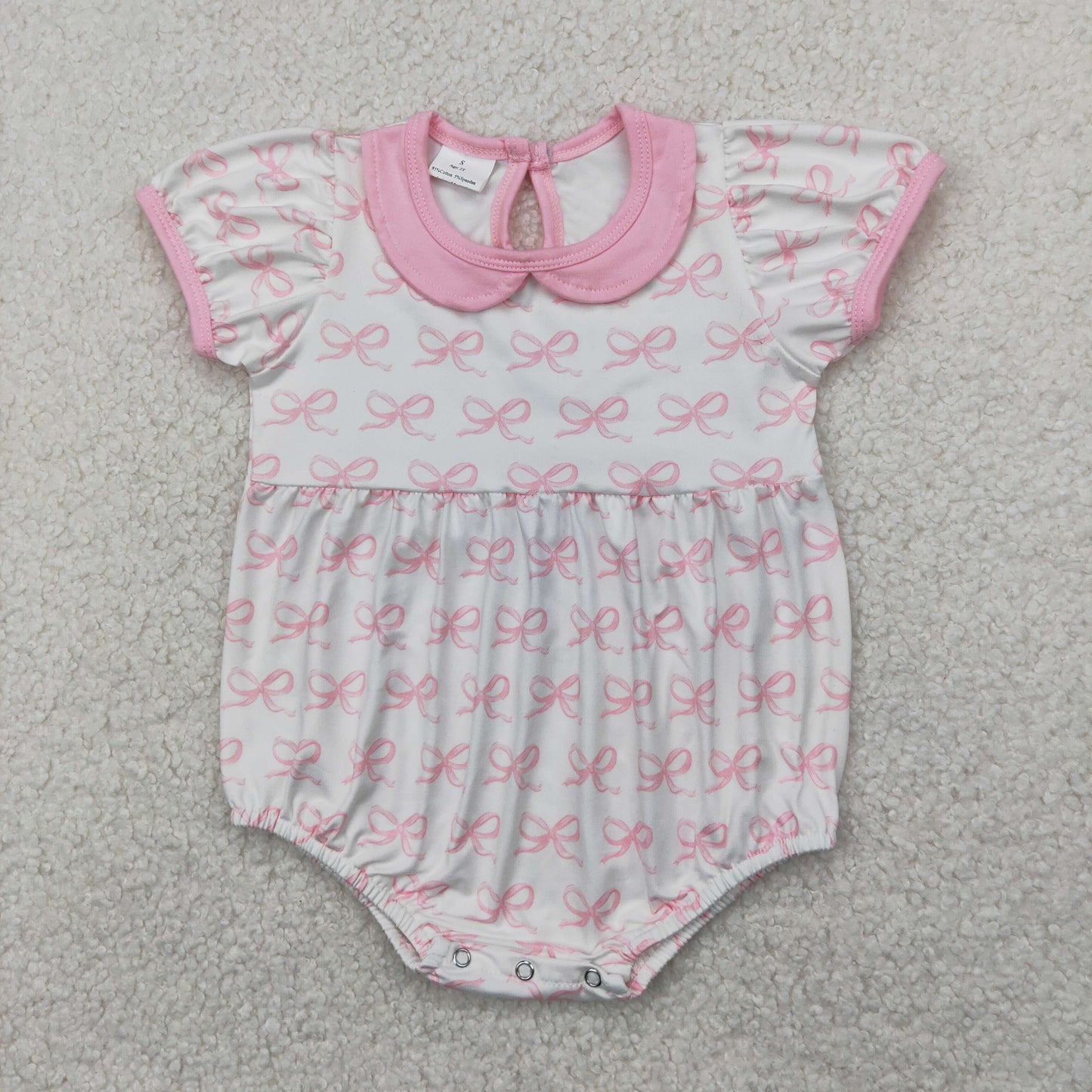 RTS NO MOQ SR2893 Pink bow pattern short-sleeved babydoll collar bodysuit