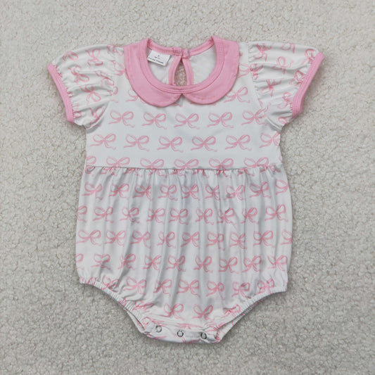 RTS NO MOQ SR2893 Pink bow pattern short-sleeved babydoll collar bodysuit