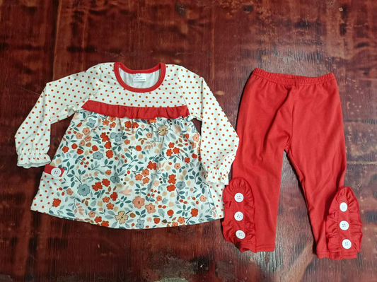 Custom moq 3 eta 6-7weeks Red Polka Dot Floral Sleeve Top - Black Pants Button-Down Set