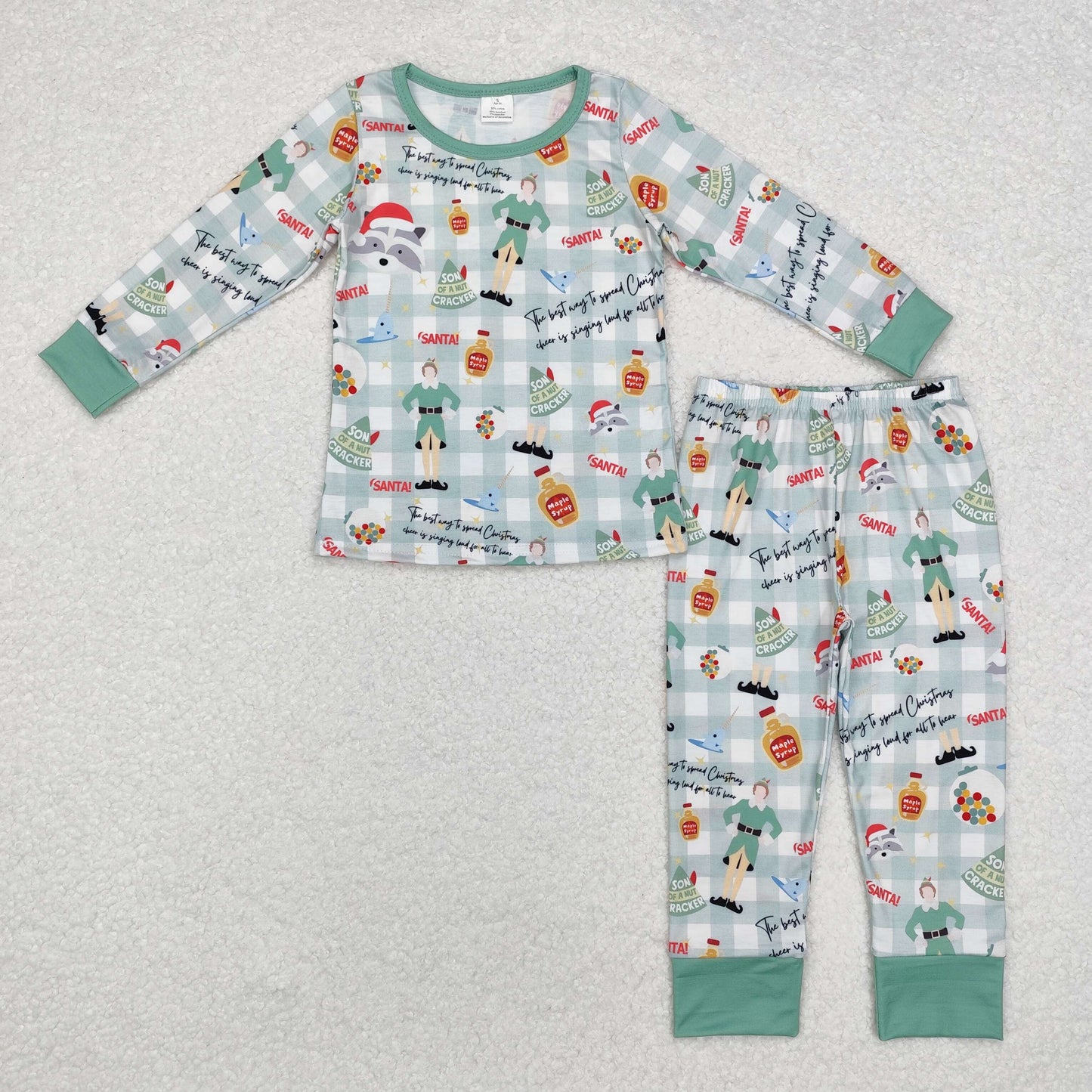 RTS NO MOQ（In Stock) BLP0804 Modal Christmas elf green plaid long sleeve long pants pajama set