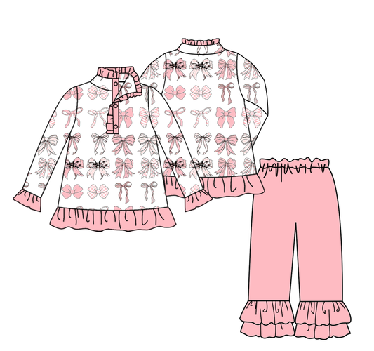 Custom moq 5 mix size milk silk baby girl clothes bow pink long sleeve pants sets