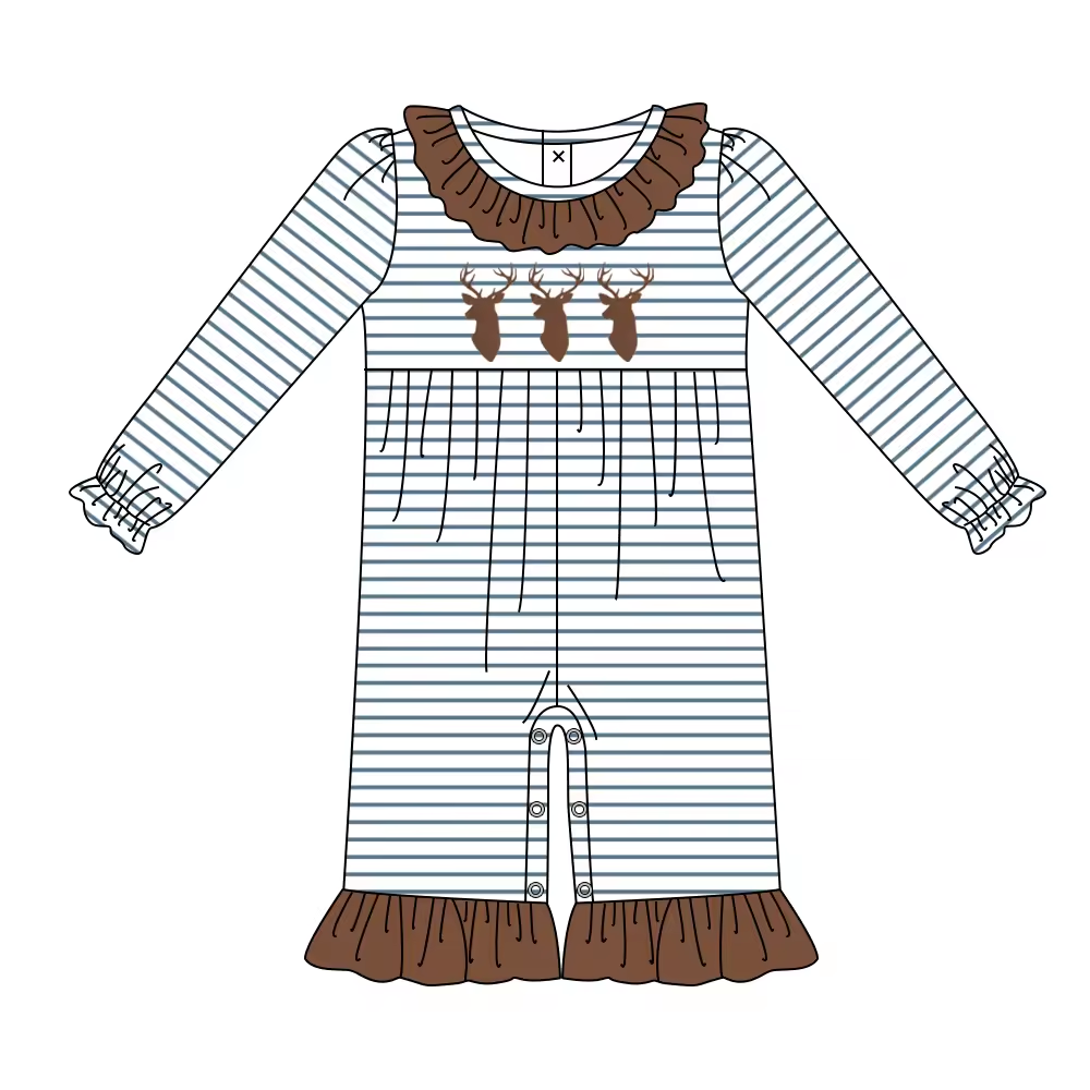 Custom moq 3 eta 6-8 weeks Brown Elk Stripe Lace Neck Long Sleeve Romper